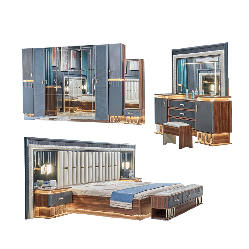 High Quality Modern Wooden King Size Double Bed Set Leather Headboard Wood Luxury Home Furniture Bedroom Sets