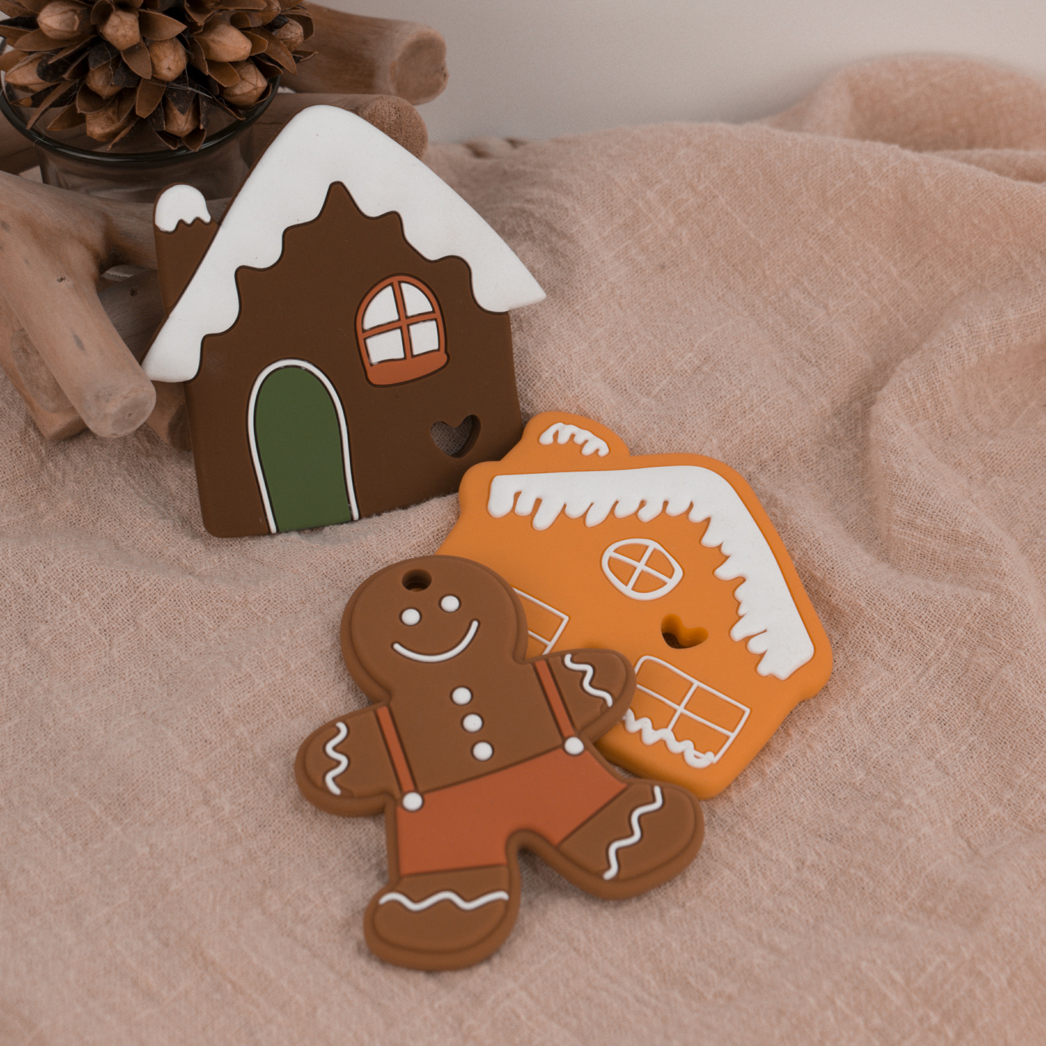 Colorful Custom Silicone Teether , Eco Friendly Gingerbread Man Teether For Baby