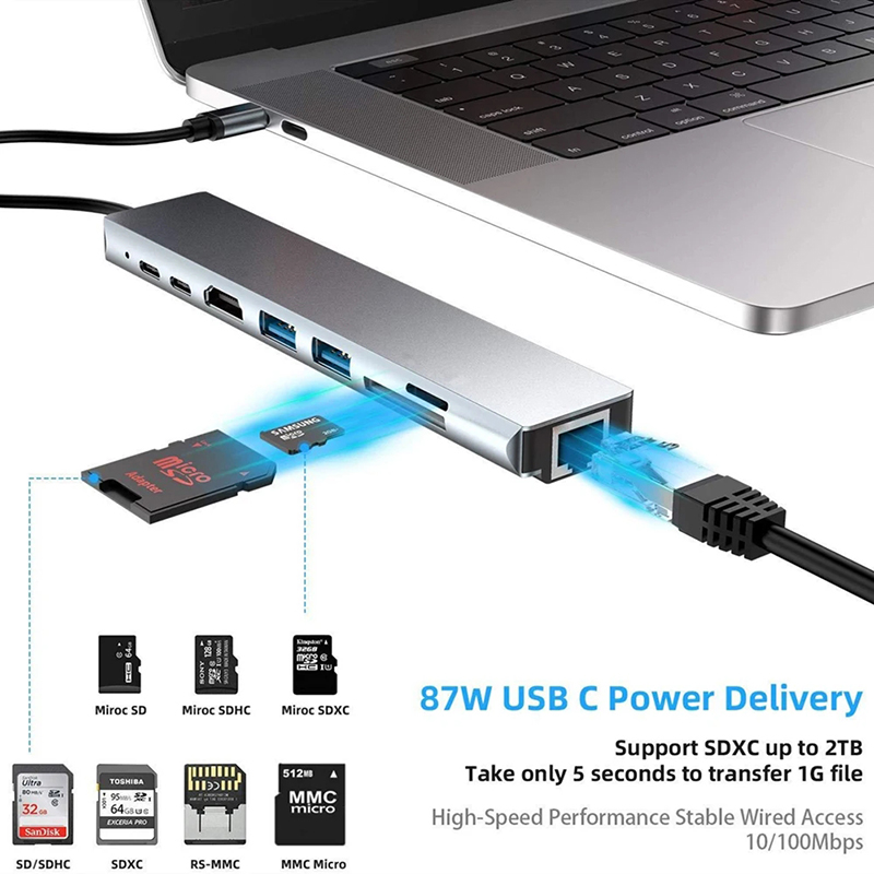 Versatile 8-In-1 USB Type C Hub Multiport Adapter for Multi-Tasking and Data Transfer