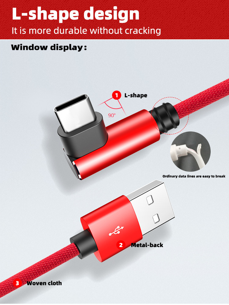 Elbow L Shape 90 Degree Type C Cable OEM USB Type C Data Cable