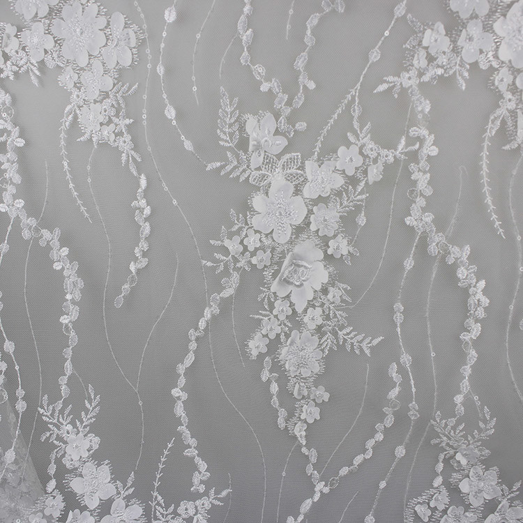Delicate Embroidery Polyester On Nylon Mesh Lace Fabric With 3D Flower Design