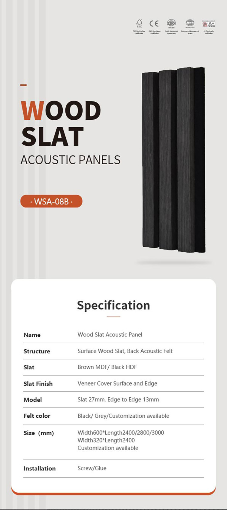 Black Oak Acoustic Wooden Slat Wall Panels 600x2400mm 0.85 NRC Sound Absorption
