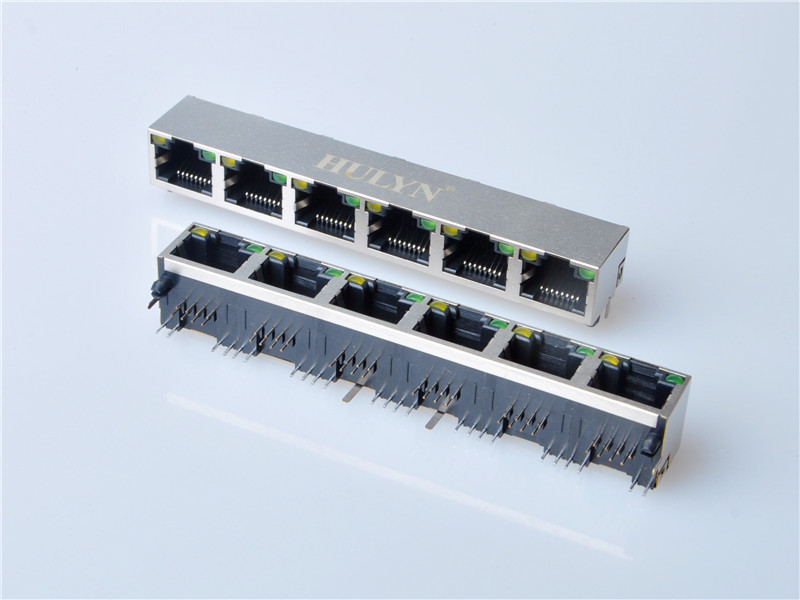 HULYN Very low profile, Shielded RJ45 Modular Jack, Through Hole Type, 1x6,with LEDs，