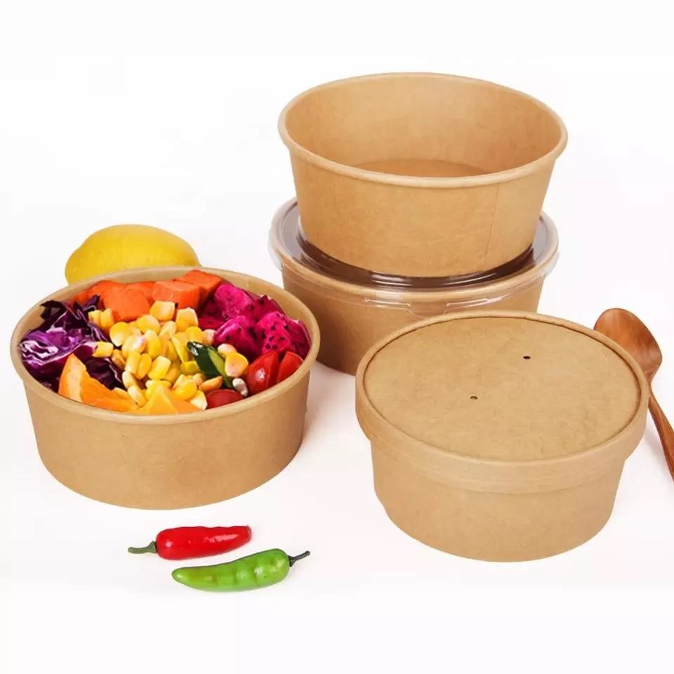 Eco Friendly Round Kraft Disposable Paper Packaging Salad Bowl Flexo Printing Recyclable 20oz Eco Friendly Paper Bowls