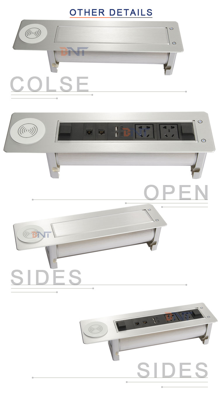 BNT New arrival multifunctional hidden table design desk outlet box brush sliver automatic flip up desktop outlet