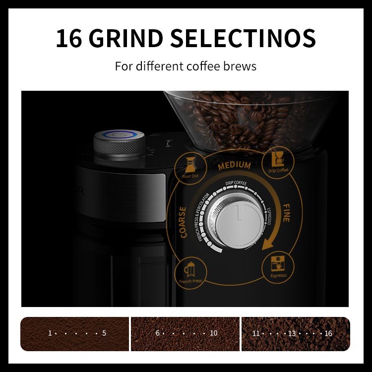 12 Cup Electric Blade Burr Coffee Grinder 16 Grinding Settings Safty Lock Burr Flat Silver