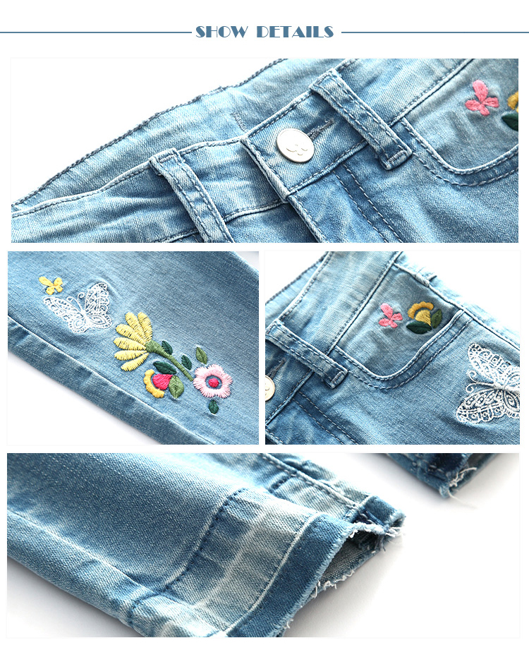 Long Kids Denim Clothes Baby Girl Denim Pants With Flower Embroidered Decor