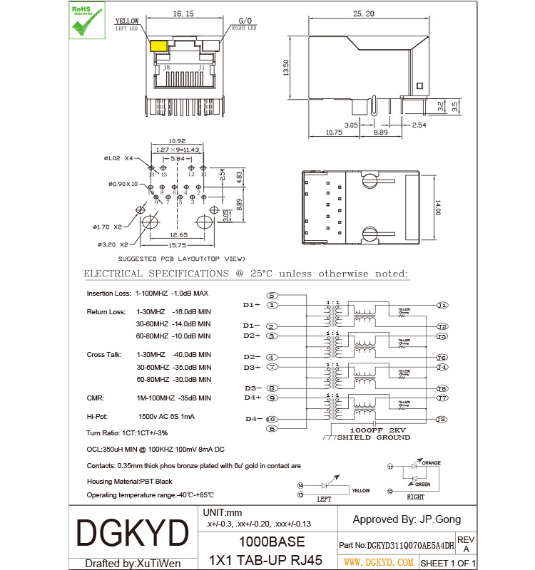 Ethernet Magnetic socket RJ45 with Transformer 1000 BASE-TX 10P8C tab up OEM/ODM