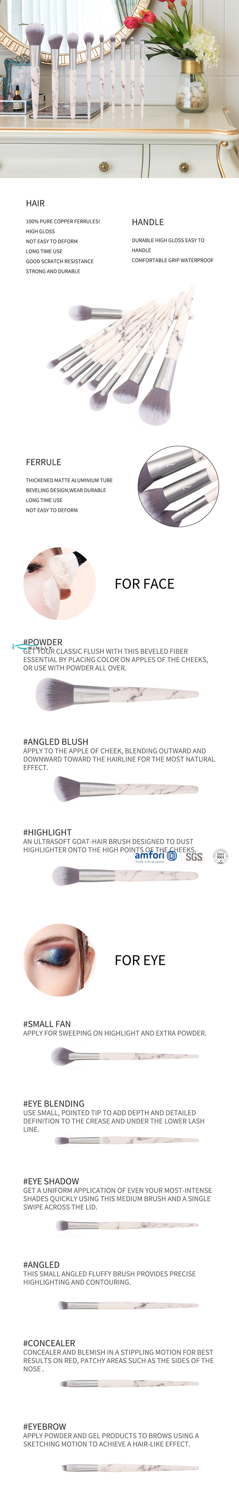 Aluminum Ferrule ISO9001 9pcs Cosmetic Makeup Brush Set