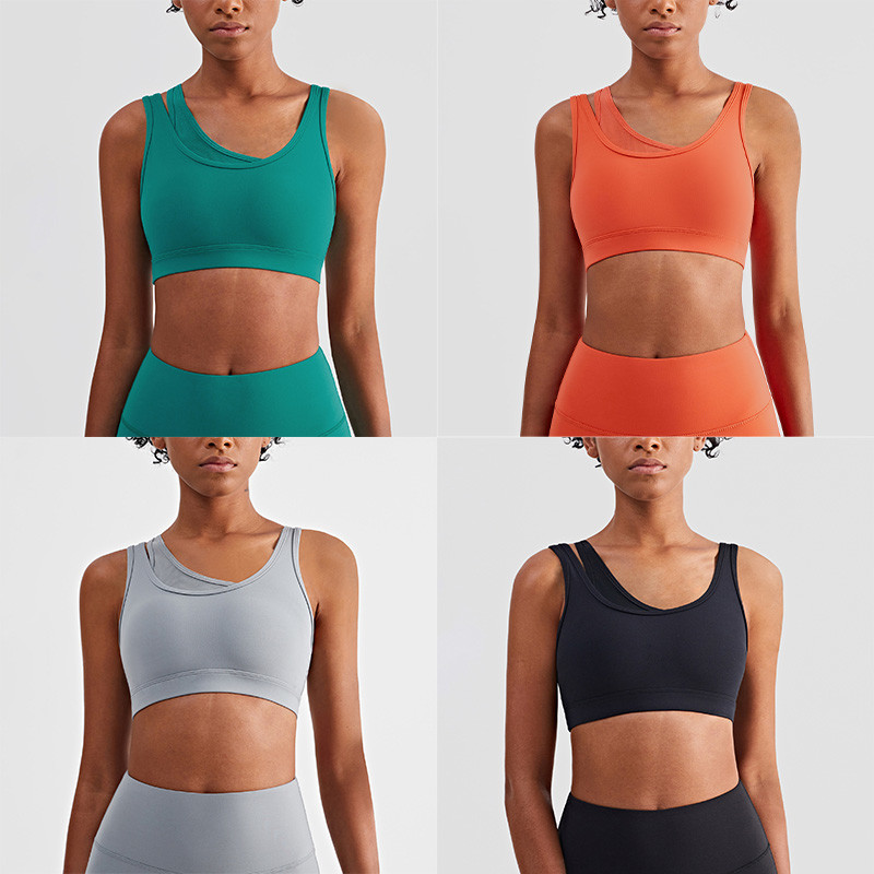 Mesh Stitching Strappy Back Sports Bra Girls Elastic Bottom Padded Crop Top