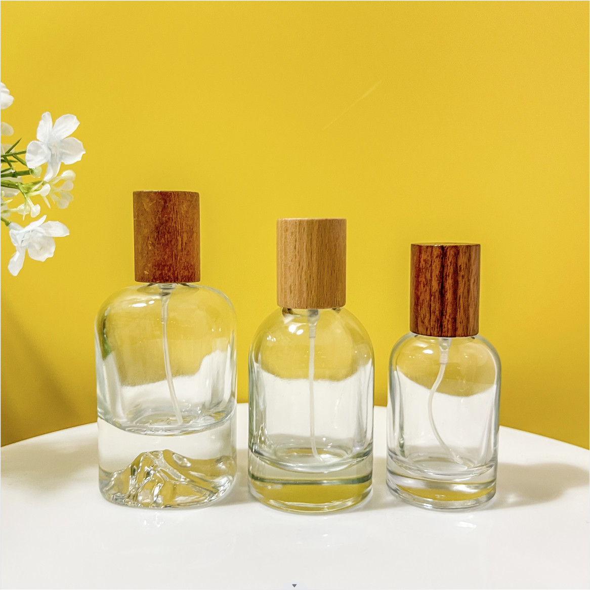 Bamboo Wooden Cap Small Glass Perfume Spray Bottles 30ml 50ml 100ml