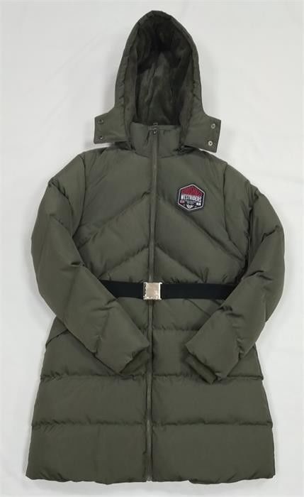 Polyester Womens Long Padded Coat With Hood Belt Zips Long Puffer Fur Hood