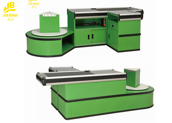 Electric Hypermarket Supermarket Checkout Counter With Package Table Green Color