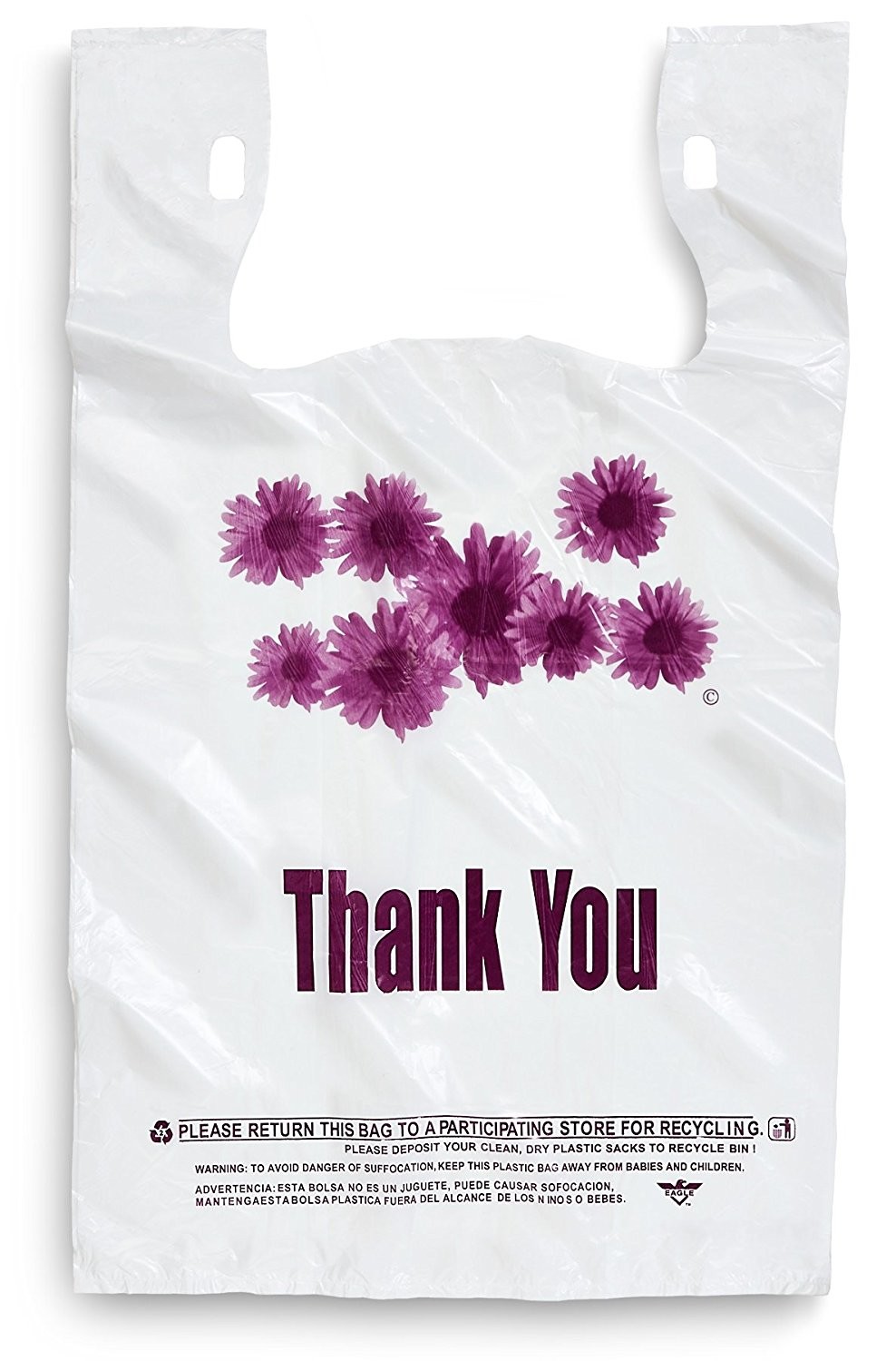 Purple Flower Thank You Plastic Shopping Bags - 500 pcs/case, white colour,LDPE material