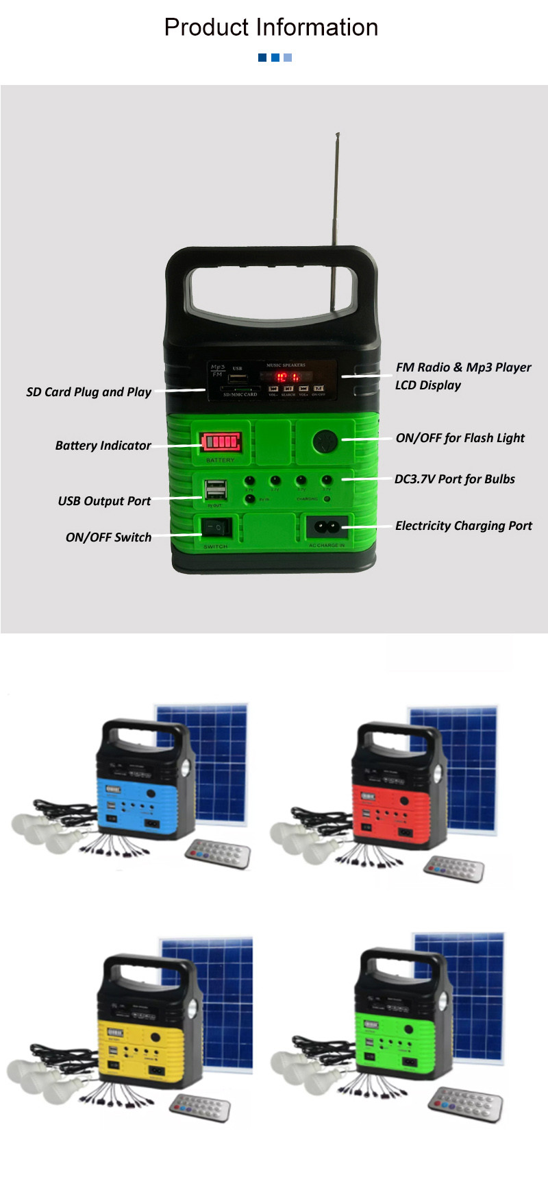 7500mah Portable Solar Power System Kit With Built In FM Radio MP3 Mini Outdoor Camping