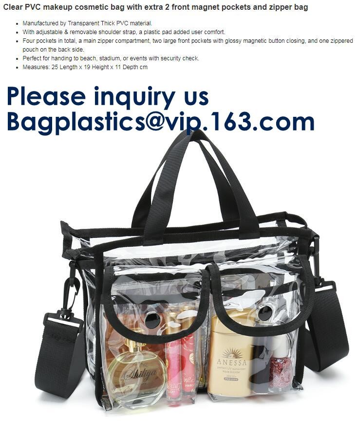 Beach Bag Clear PVC Bag Tote With Inner Pocket And Zipper Closure,PVC Bag Beach Tote With Black Handles, Bagease