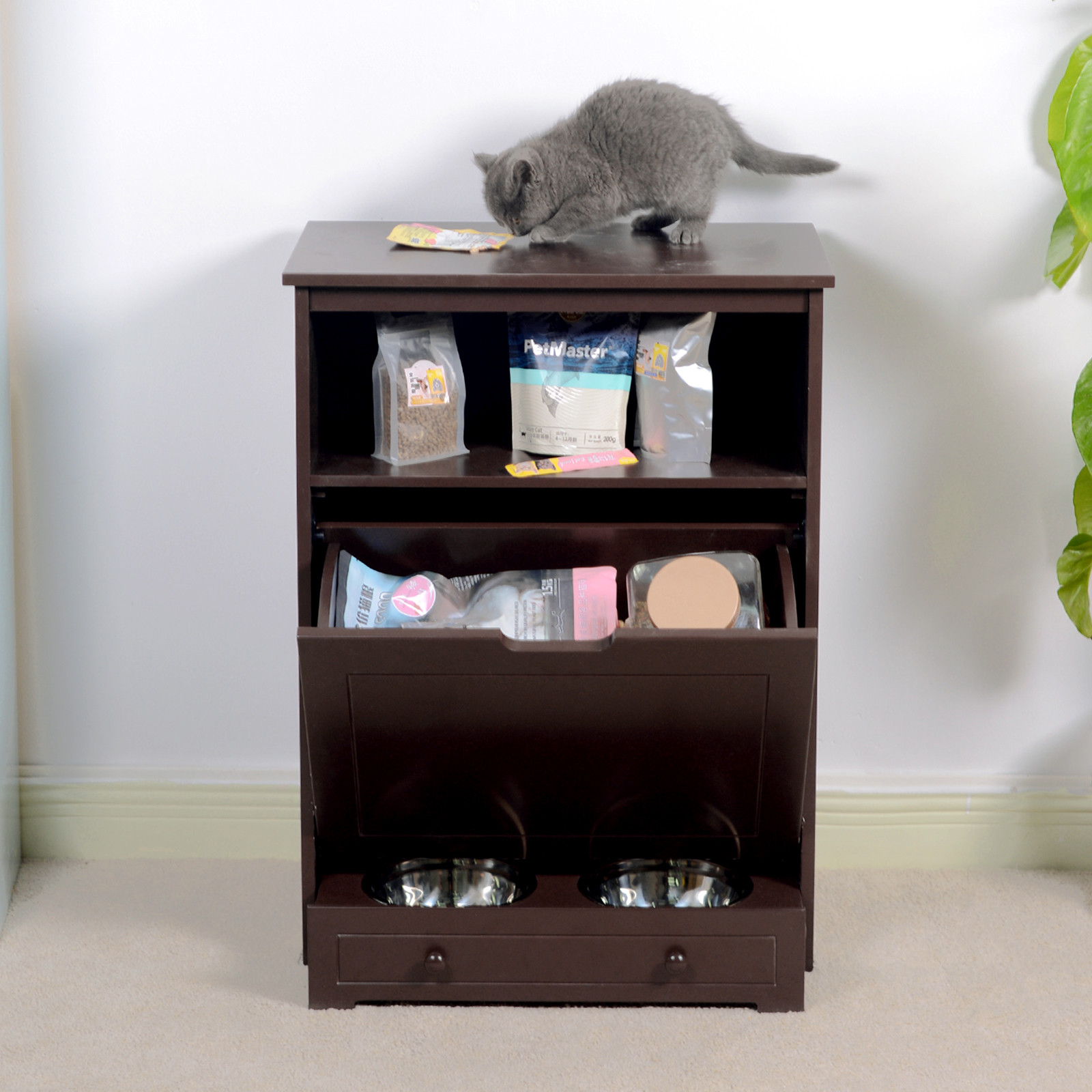 E1 MDF Board Pet Feeder Station Cabinet 580x340x820CM With 2 Stainless Steel Basins