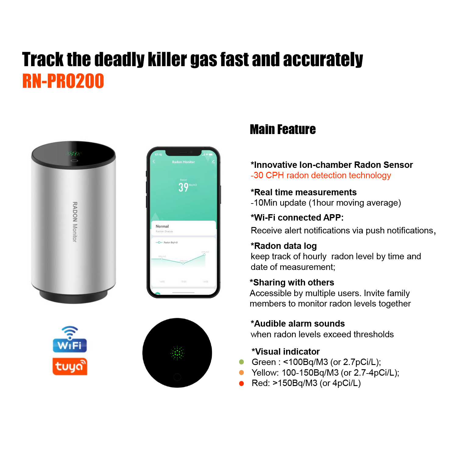 Radon Monitor RN-PRO 200 Portable Gas Detector For Home Safety Customization