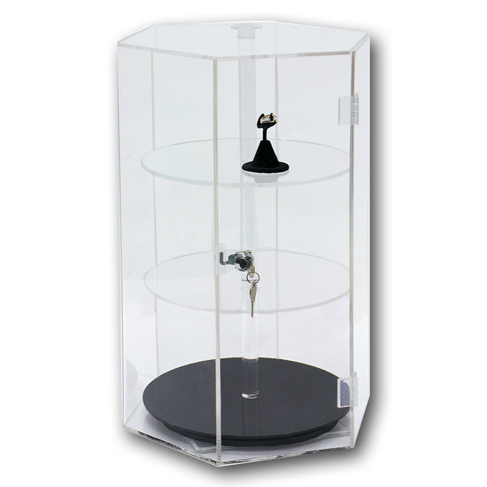 Hexagonal 3 Tiers Clear Turning Acrylic Watch Display Stand with Locking Case LED Light