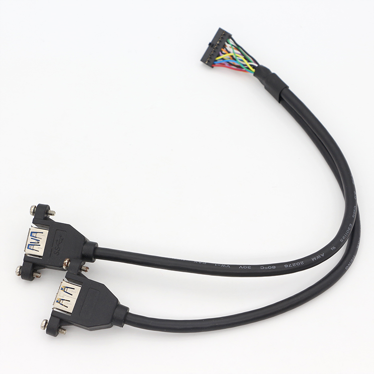 Y Splitter Screw Locking Stud Dual USB 3.0 Type A Female Panel Mount USB Cable with Molex