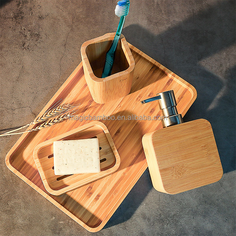4pcs Natural Bamboo Bathroom Accessories Set For Hotel House Office Toilet