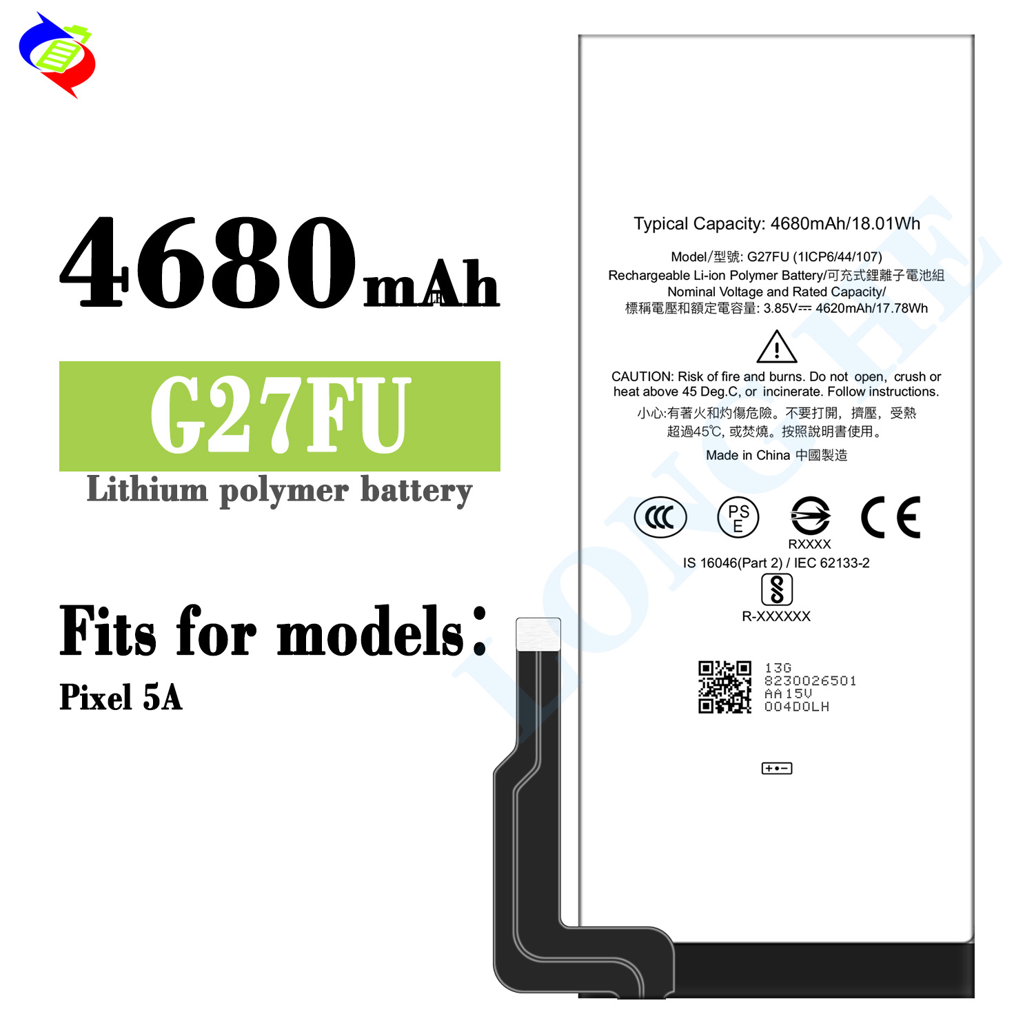 Double IC Protection G27FU 3.87V 4600mAh Li-po Rechargeable Battery for Pixel 5A 5G