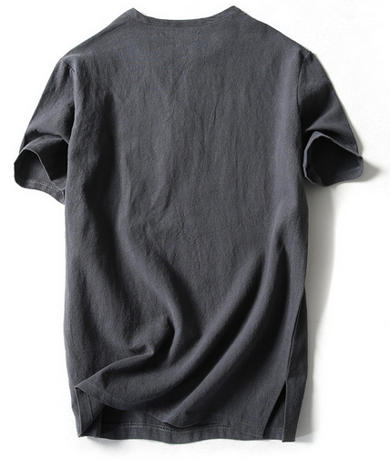 Short Sleeve Male Hemp Cotton Clothing V Neck With Buttons Placket