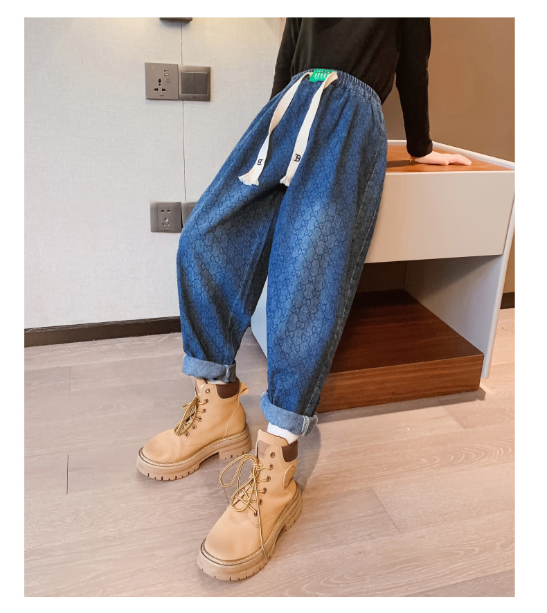 Spring Fall Versatile Children Pants Blue Girls Jeans Trousers Wear Resistant