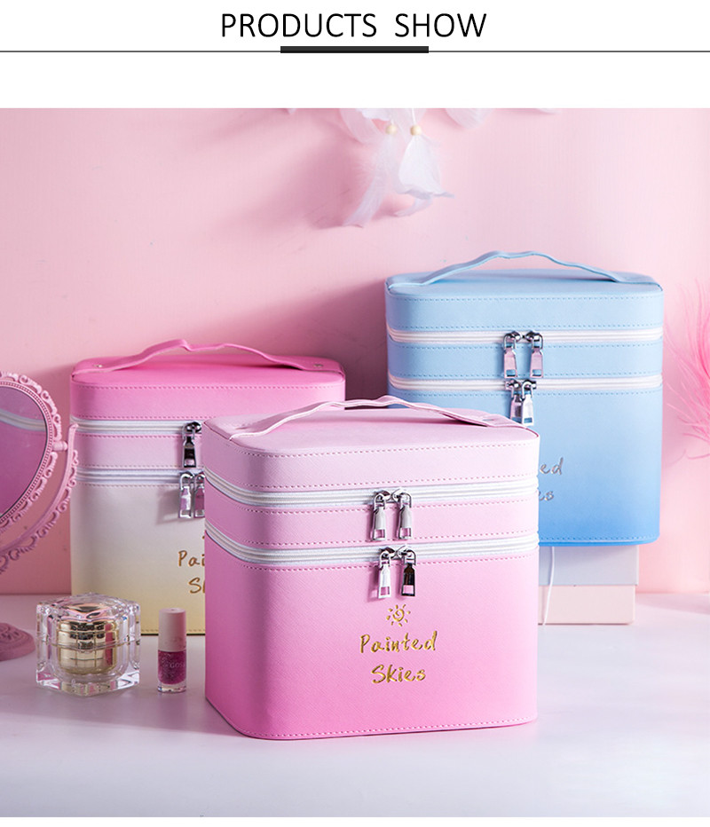 Debossed Logo PU Leather Travel Double Layers Cosmetic Makeup Bag Case