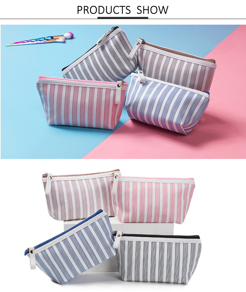 Plain Stripe Cotton Canvas Cosmetic Makeup Bag