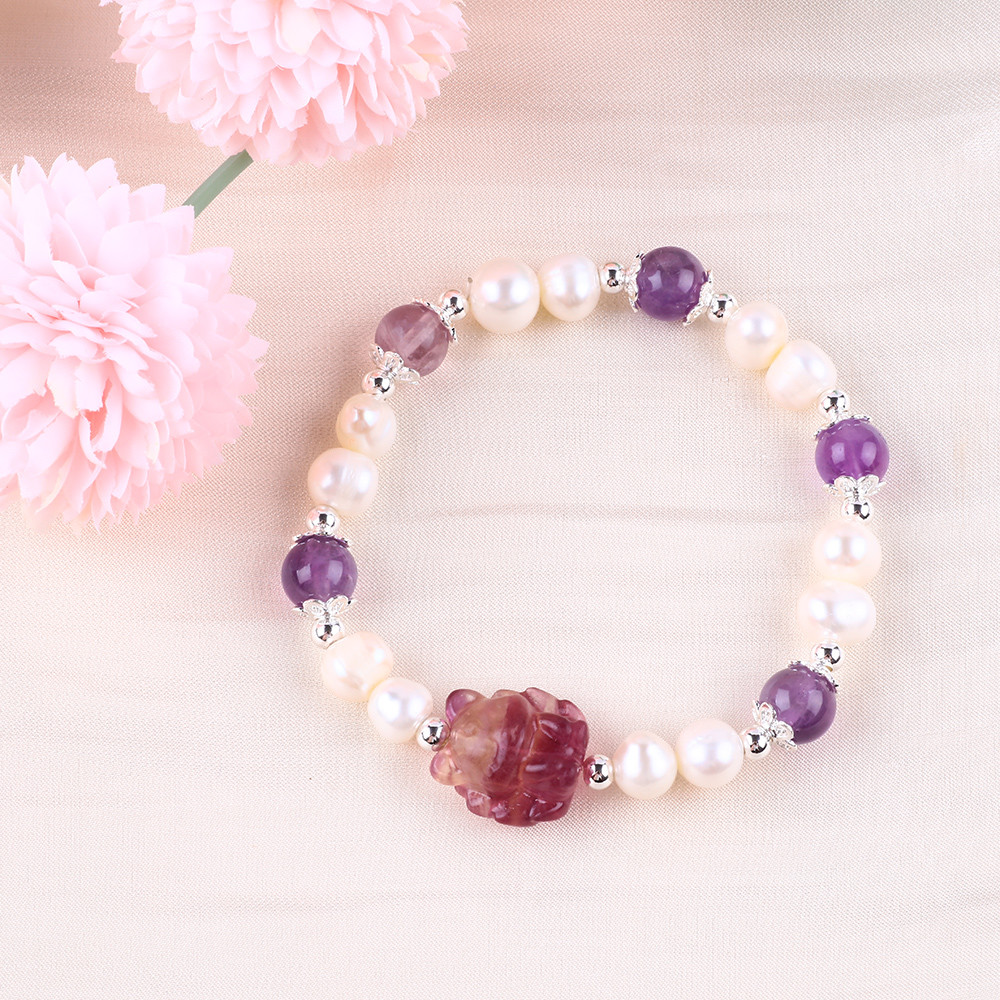 8mm Bead Amethyst Crystal White Fresh Water Pearl Bracelet
