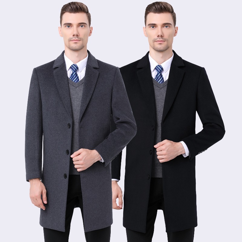 Standard Thickness Winter Men's Woolen Coat with Suit Collar and Mid-Length Back Split