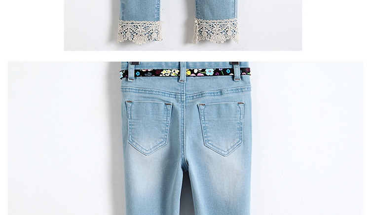 Light Blue Slim Fit Girls Adjustable Waist Jeans Pant With Lace On Hem