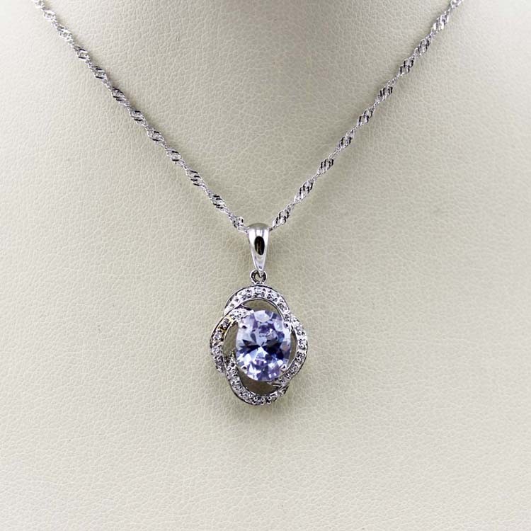 925 Silver Pendant Necklace 7x9mm Oval Lavender Amethyst Cubic Zirconia (PSJ030)