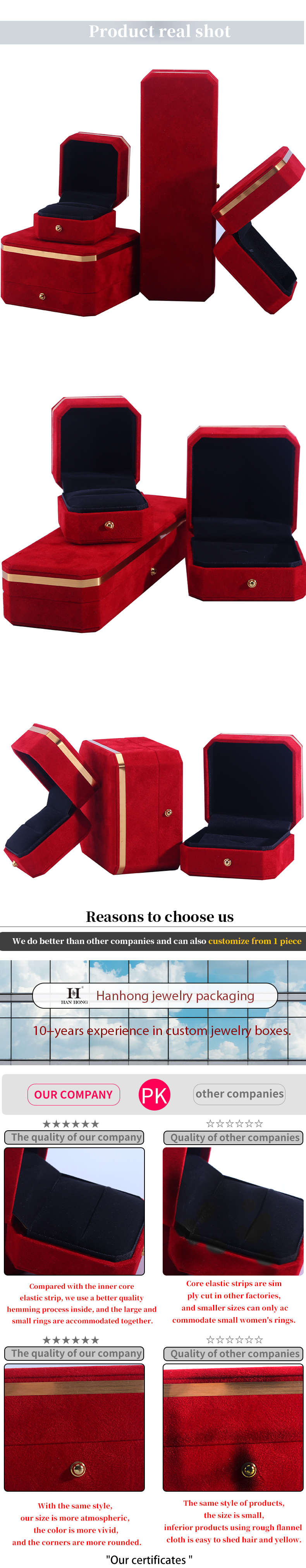 Wholesale manufacturing Necklace Ring Jewelry Set Packaging box Jewellery gift Box Custom logo red Velvet Jewelry Box with Golden Edge