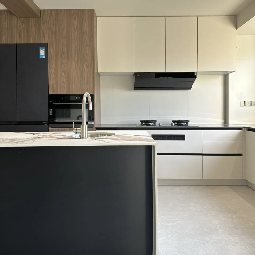 Customized Wooden Veneer And Matt Black Lacquer Modern Kitchen Cabinet Designs For Home Kitchen Cabinet