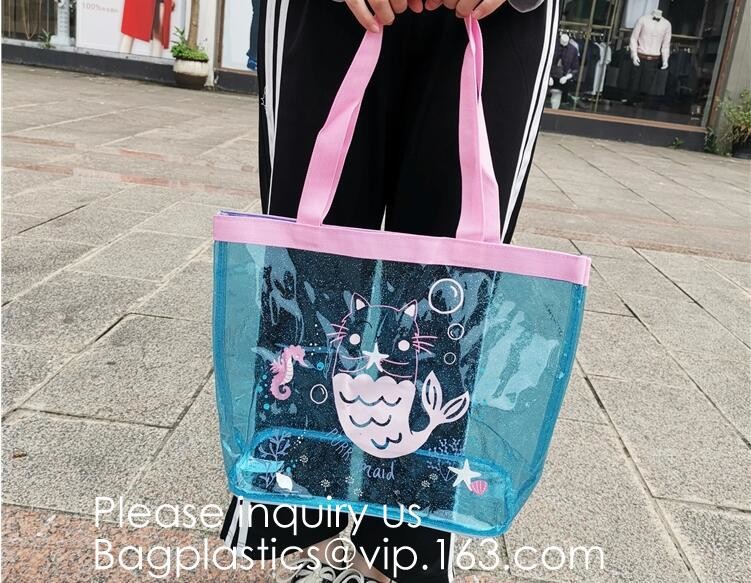 Waterproof All Over Printing PVC Coating Tote Shoulder Fabric Shopping Bag With Gusset And Lining,Jelly Clear Plastic PV