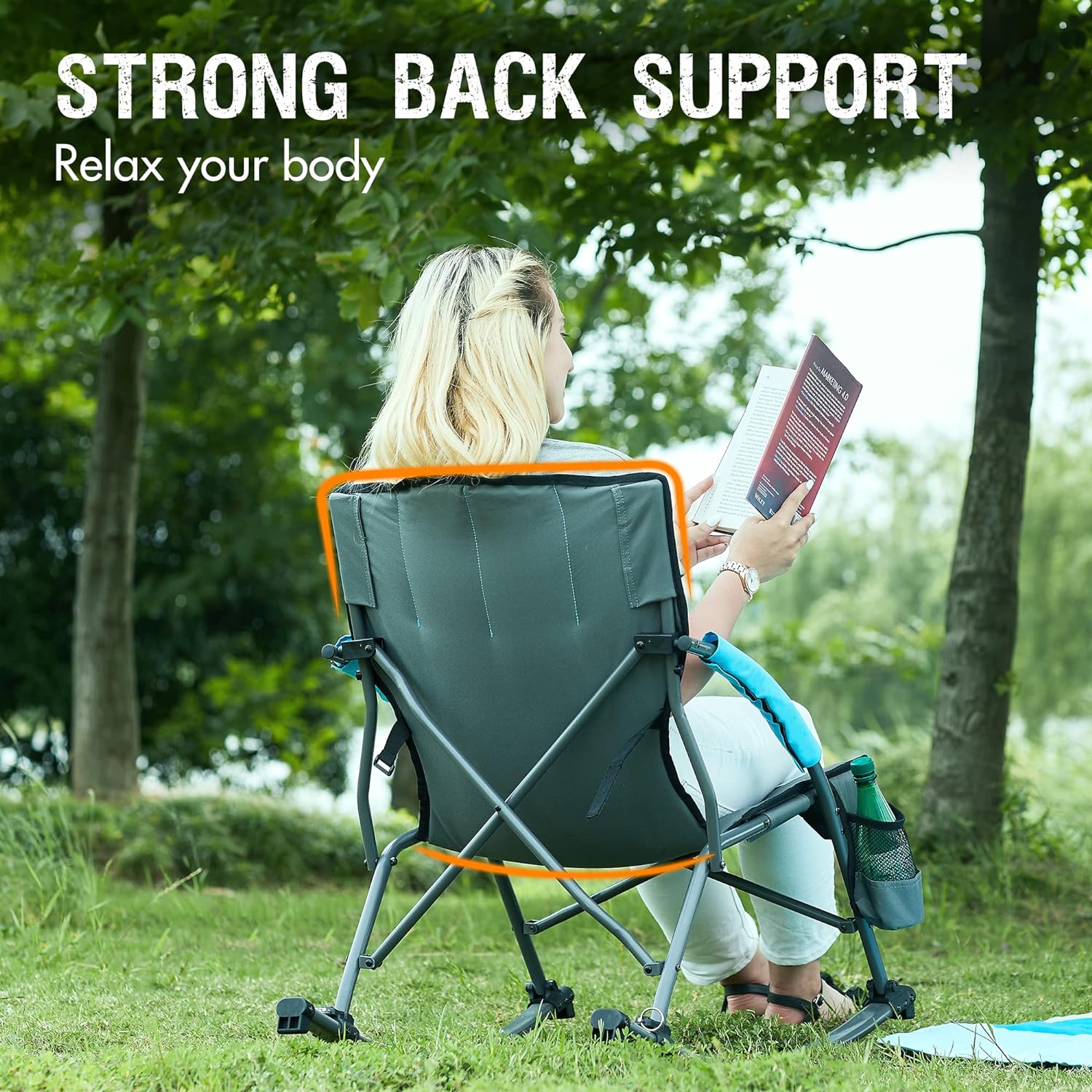 Portable Outdoor Camping Chair with High Back and Hard Armrests Supports 130kg Black Mesh Back