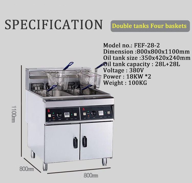 Electric Restaurant Deep Fryer 28L*2 2 Tank 4 Basket Overheat Protection 800x805x1100