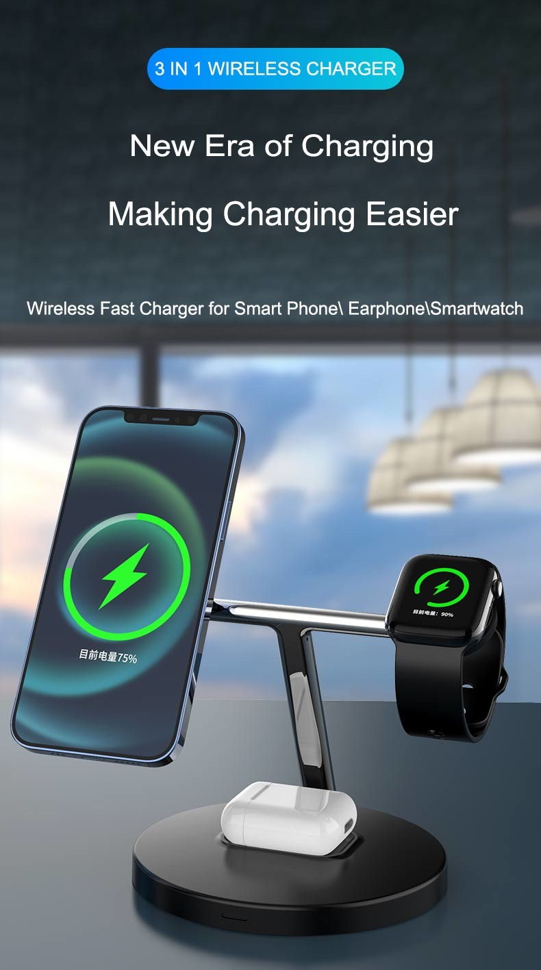 Fast 3 In 1 Wireless Charger 15W Magnetic Wireless Charging Stand