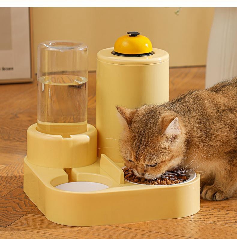 Automatic Cat Feeding Water Feeder Three-in-One Water Dispenser Ceramic Bowl for Cats and Dogs with Bell
