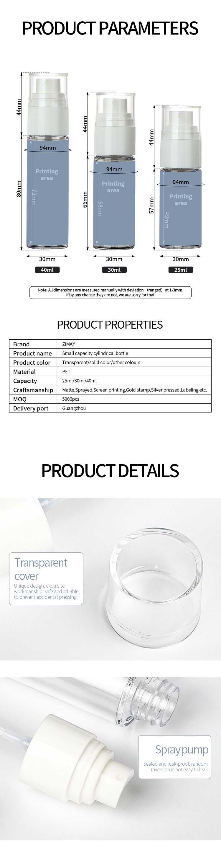 Leakproof Plastic Mist Spray Bottle Transparent Leakproof 30ml 20mm Mouth