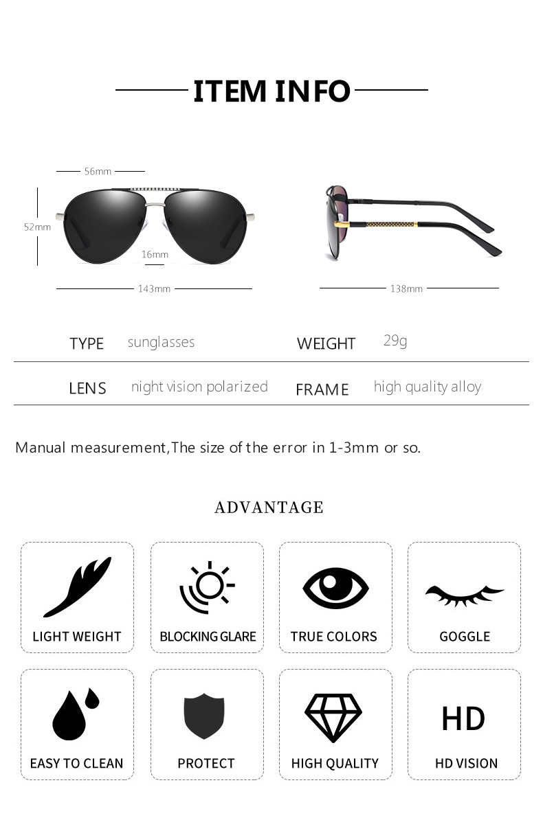 Alloys Pilot Polarized Lens Mens Luxury Sunglasses UV400 Driving Night Fishing Glasses