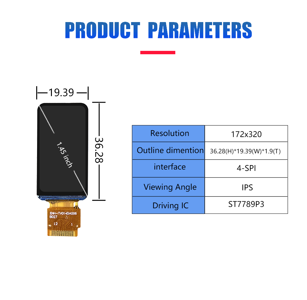 1.45 Inch Rounded Rectangle IPS TFT LCD Display 172x320 Resolution ST7789P3 4 SPI Interface