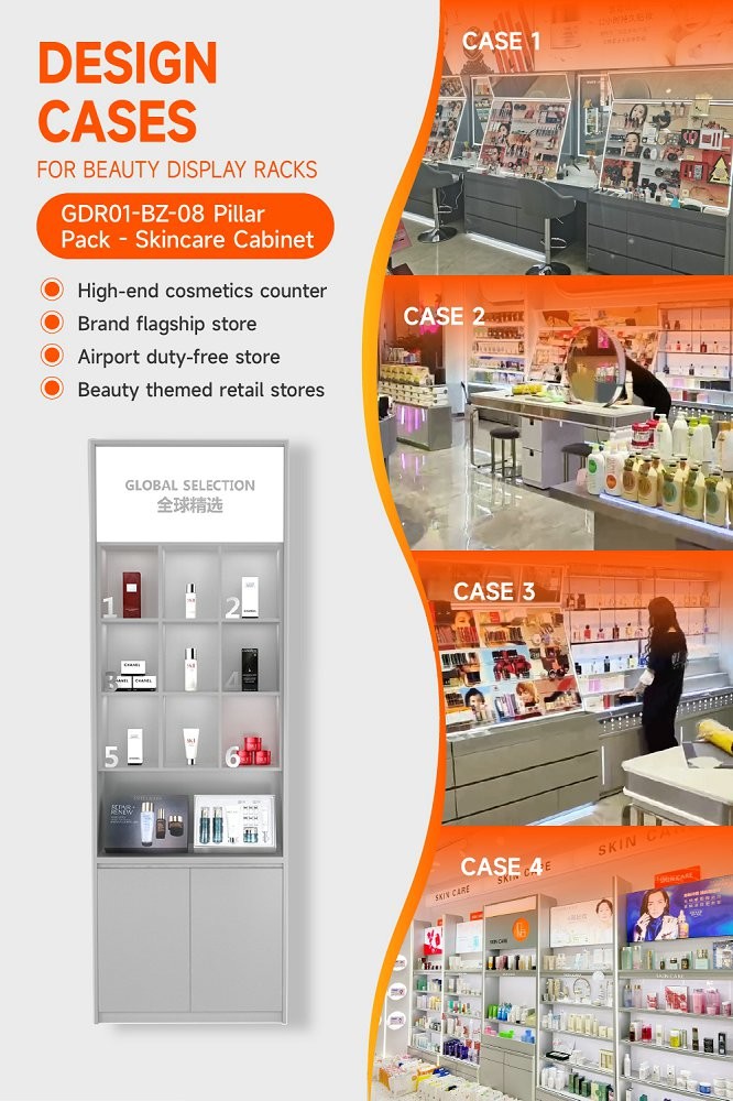 GDR01-BZ-08 Skincare Display Pillar with Grey Over-Oil Board and Soft Film Light Box for High-End Brand Sales Counters