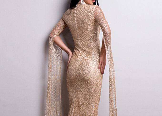 High Neck Mermaid Style Prom Dress Gold Dark Green Color Long Sleeve Lace Sequin