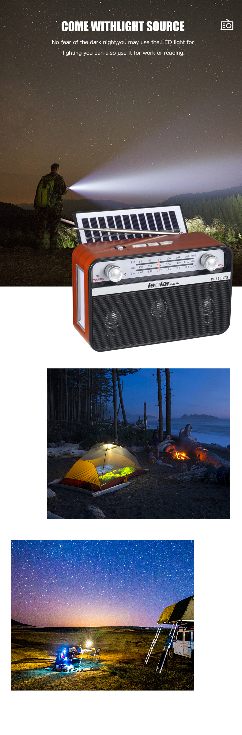 New Outdoor Portable Solar Charging Am Fm Sw 3 Band AC/DC Radio Wireless Speaker Popular