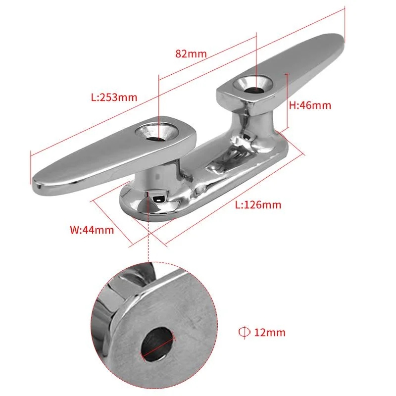Marine Hardware Fittings Low Silhouette Cleat in Mirror Polished 316 Stainless Steel