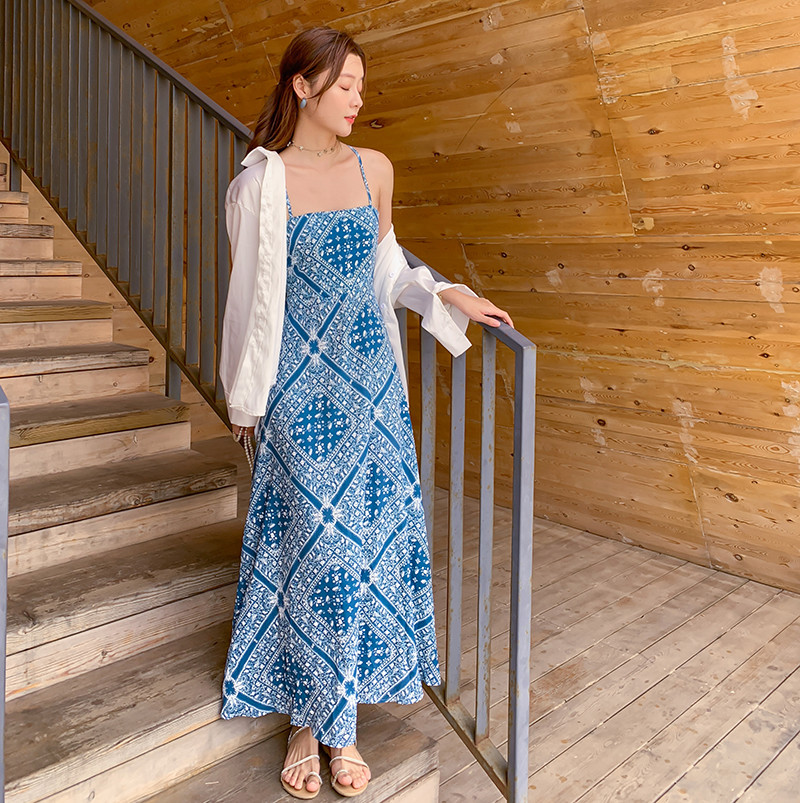Blue Back Tie Halter Strap 104cm Bohemian Beach Dress