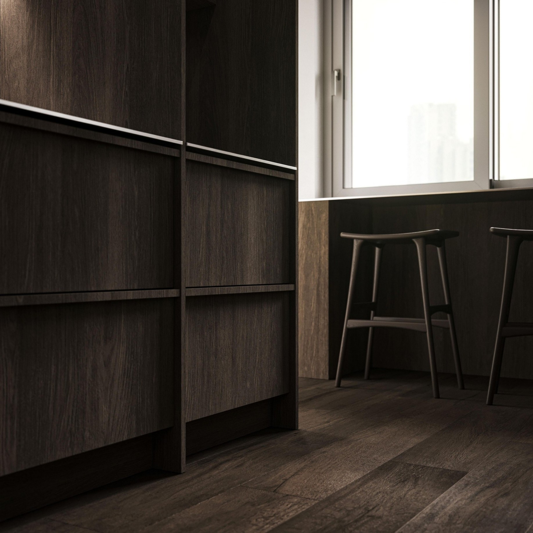 Custom Modern Skeleton Line Design Made Flat Wood Grain Finished Kitchen Cabinet Solid Wood Kitchen Cabinet
